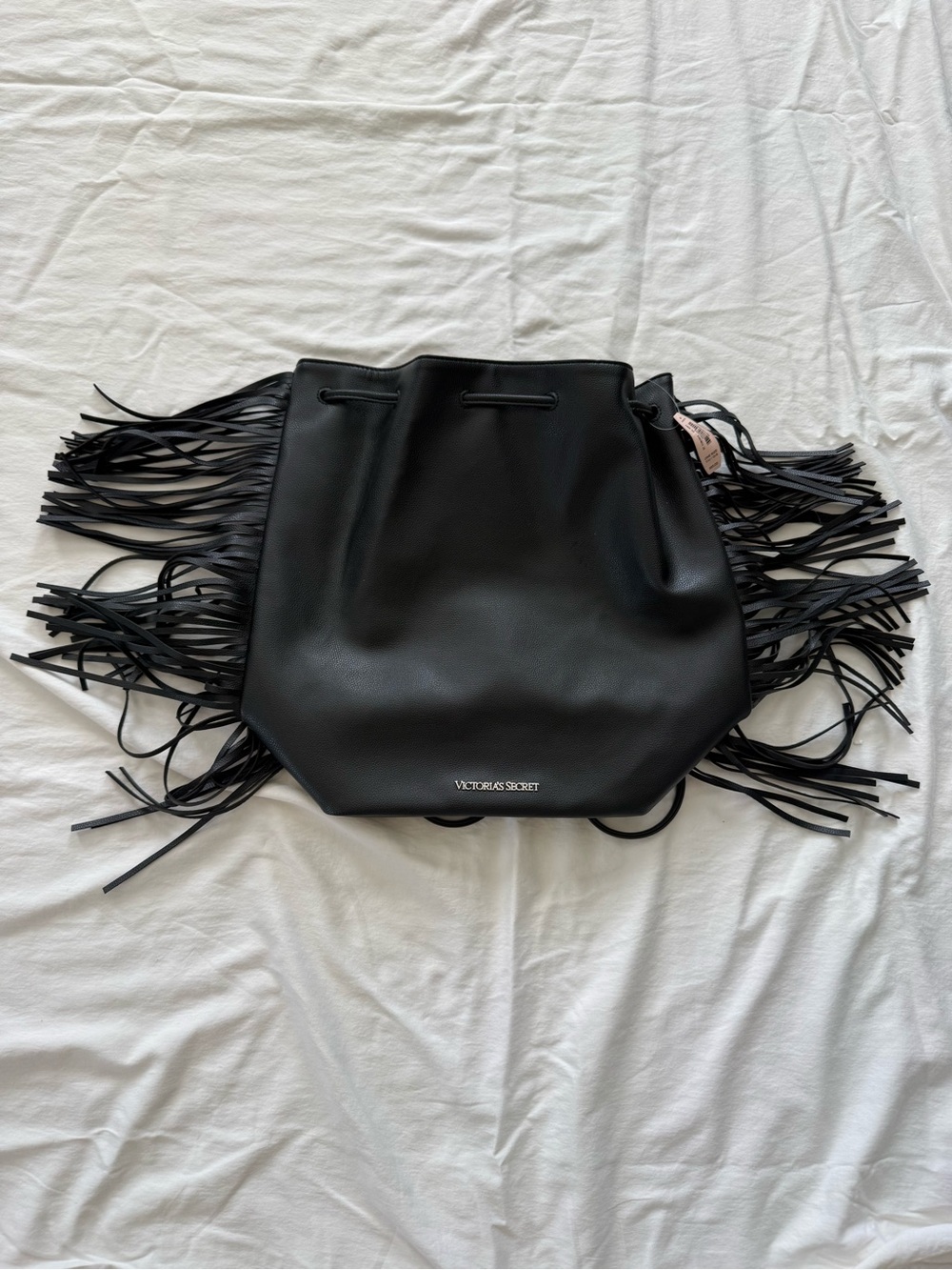Victoria's Secret Black Fringe Backpack Boho‎ Festival Faux Leather Purse NWT